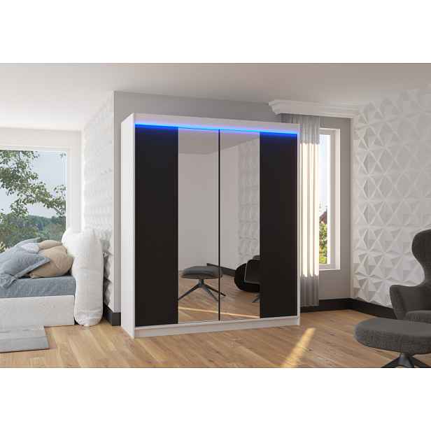 Šatní skříň se zrcadlem 180 cm a LED osvětlením DALRIS - bílá / černá