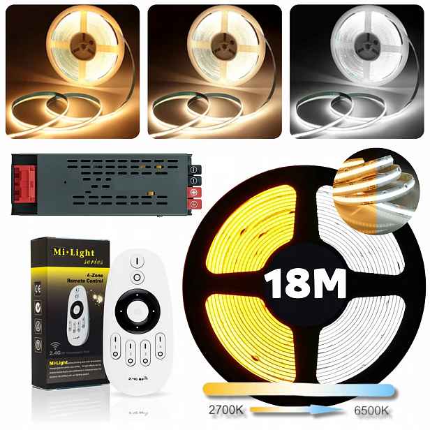 Set Teplo-studená Led páska Cob Cct 3000-6500K 24V 14W/m, kontinuální vedení 18 m