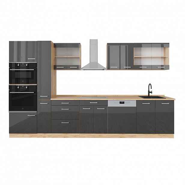 Vicco KUCHYŇSKÝ KOUT R-Line Antracitový vysoký lesk/zlatý dub power 350 cm s vysokou skříní, bez pracovní desky