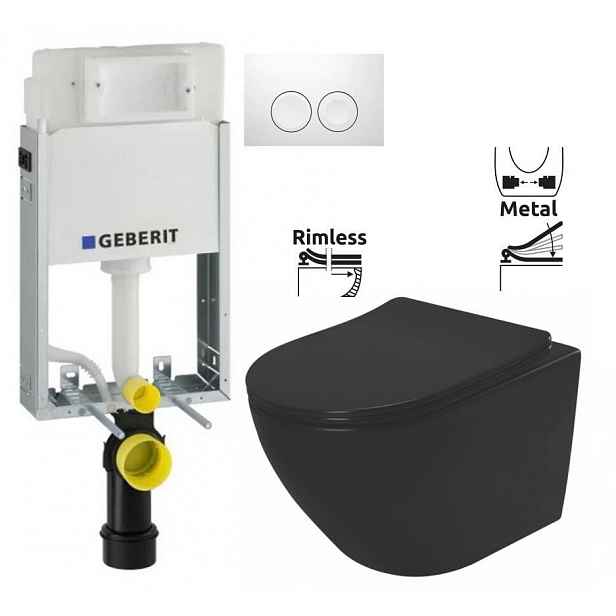 GEBERIT KOMBIFIXBasic vč. bílého tlačítka DELTA 21 + WC REA CARLO MINI RIMLESS ČIERNY MAT + SEDADLO 110.100.00.1 21BI MM1