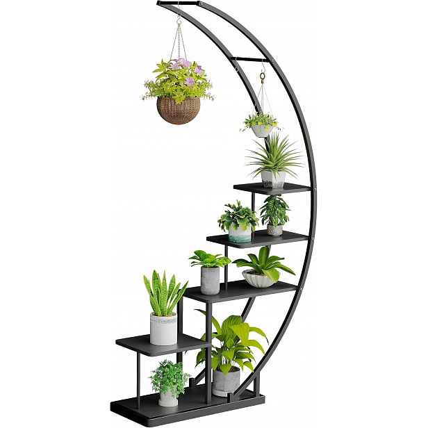 Moderní Regál Na Rostliny Loft, Půlměsíc, Kov Dřevo, 172 CM, Černý