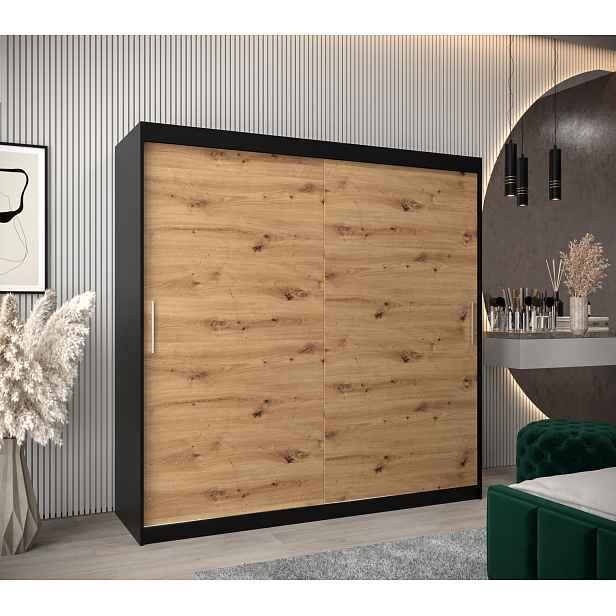 Šatní skříň Abi T0 s posuvnými dveřmi Barva korpusu: Černá, Rozměry: 200 cm, Dveře: Dub artisan