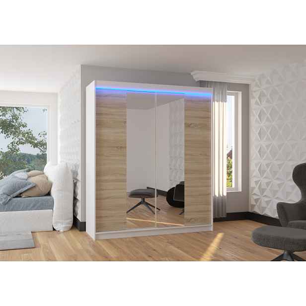 Šatní skříň se zrcadlem 180 cm a LED osvětlením DALRIS - bílá / dub sonoma