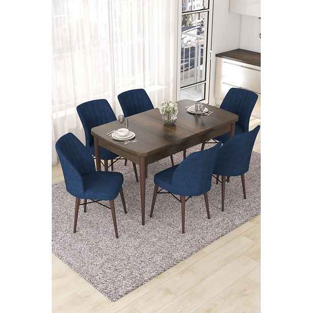 Extendable Dining Table & Chairs Set (7 Pieces) Nef - Baroque, Navy Blue