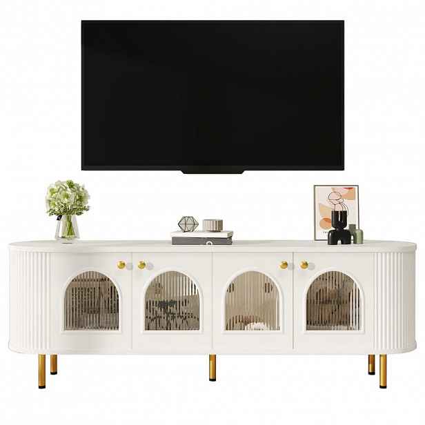 OKWISH TV stolek 170/35/55 cm bílá a zlatá z MDF s prosklenými dvířky a kabelovým průchodem