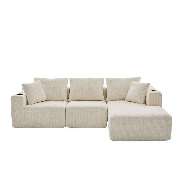 Redom ROHOVÁ pohovka 261/165/80 cm z chenille, modulární, bez montáže, s kapsami a širokými područkami, Béžová