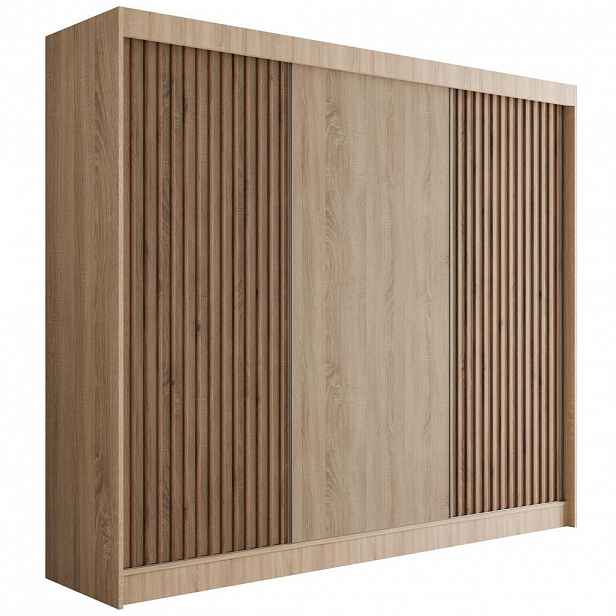 ALTDECOR ŠATNÍ SKŘÍŇ s lamelovými posuvnými dveřmi VILANv2 – 250 cm Sonoma dub + Sonoma dub + lamely z dubu wotan