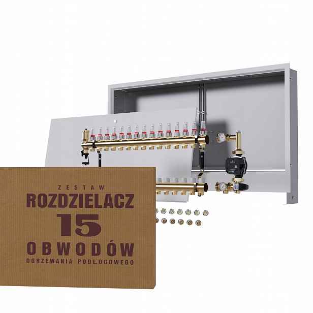 Rozdělovač pro podlahu 15 sekcí s čerpadlem GRUNDFOS+nástěnná skříňka+PEX