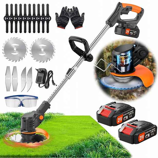 21V 2xAKU Aku Vyžínač Křovinořez Zahradní Sekačka Na Trávy 800W