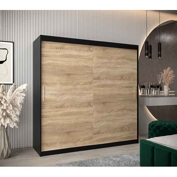 Šatní skříň Abi T0 s posuvnými dveřmi Barva korpusu: Černá, Rozměry: 200 cm, Dveře: Dub sonoma