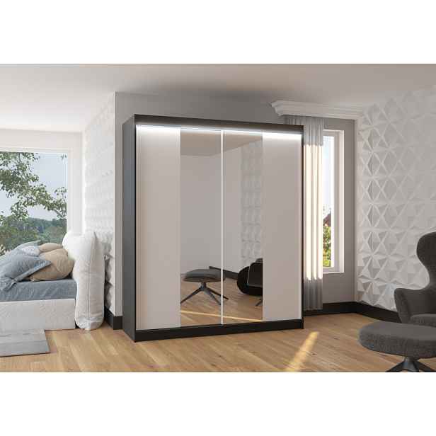 Šatní skříň se zrcadlem 180 cm a LED osvětlením DALRIS - černá / bílá