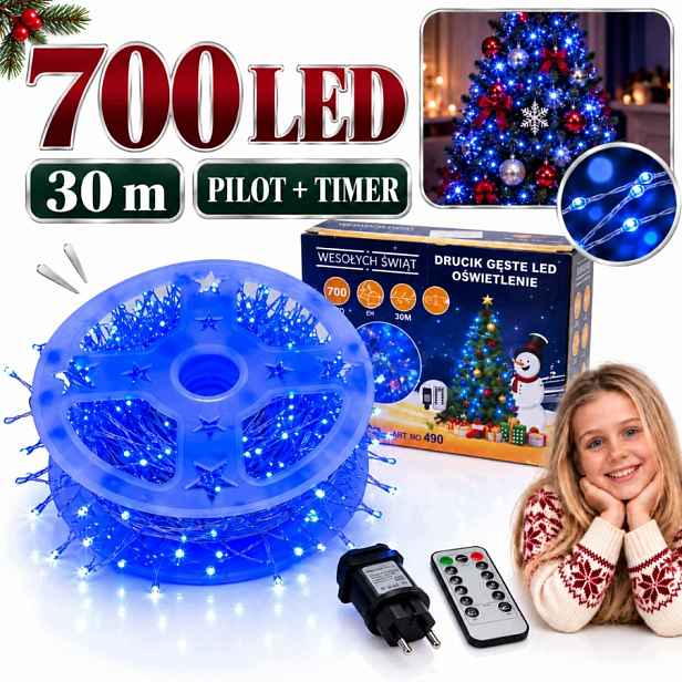 Vánoční Osvětlení Na Stromeček 700 Led 30 M Modré Na Drátku Pilot Časovač 8 Funkcí