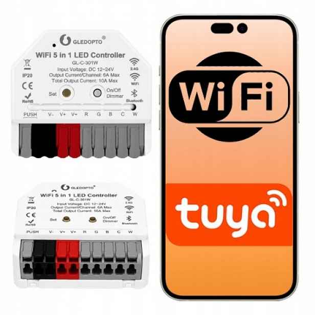 WiFi relé Tuya pro Led pásky 12–24V 10A 5v1 Rgb Cct Rgbw Rgbcct