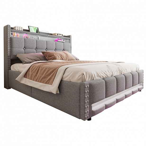 OKWISH ČALOUNĚNÁ postel 160/200 cm světle šedá z lněné tkaniny s LED, USB a úložným prostorem