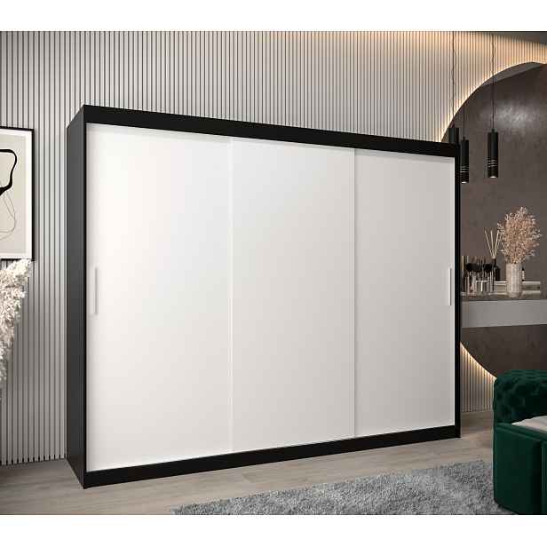 Šatní skříň Abi T0 s posuvnými dveřmi Barva korpusu: Černá, Rozměry: 250 cm, Dveře: Bílá