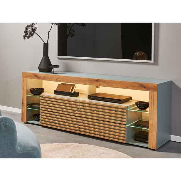 TV stolek Goal, šalvějově zelená/dub evoke, s osvětlením