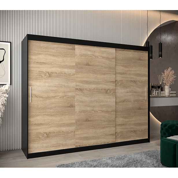 Šatní skříň Abi T0 s posuvnými dveřmi Barva korpusu: Černá, Rozměry: 250 cm, Dveře: Dub sonoma