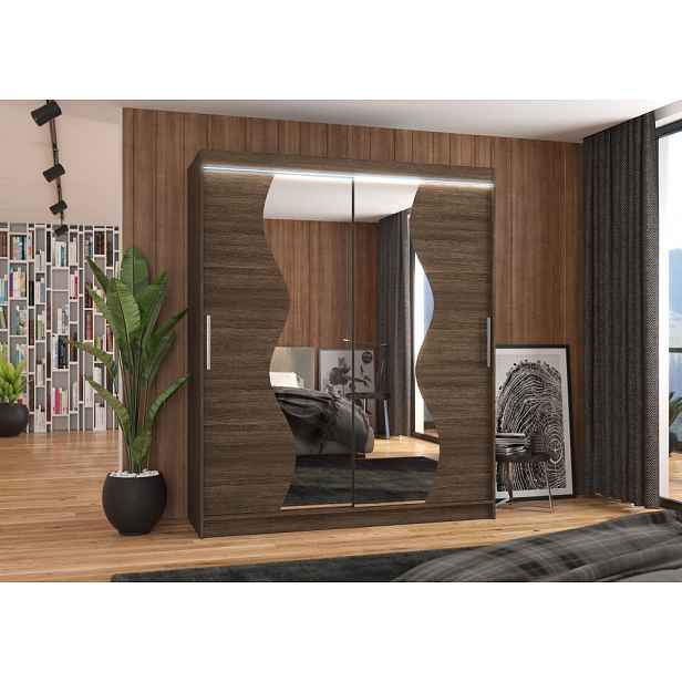 Skříň se zrcadlem 180 cm a LED osvětlením GAMIRA - tmavě hnědá