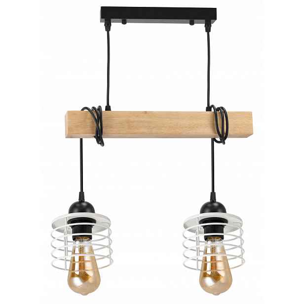 Závěsné Stropní Svítidlo Led Dřevěný nosník 2x E27 Lustr Pružina Bílá