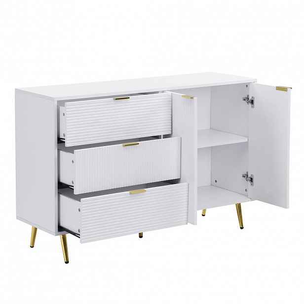 Modfu KOMODA z MDF 120x38x80,5 cm bílá a zlatá se 3 zásuvkami, 2 dvířky a vnitřními policemi