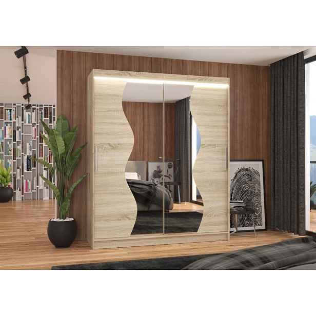 Skříň se zrcadlem 180 cm a LED osvětlením GAMIRA - dub sonoma