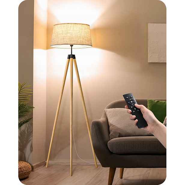 Stojací Lampa Trojnožková Dřevěná Boho Len Dálkový Ovladač E27 Stmívatelná Led