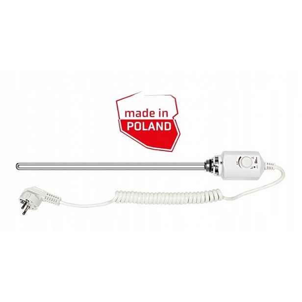 Polská ohřívačka pro koupelnové radiátory, termostat, závit 1/2", 900 W, bílá