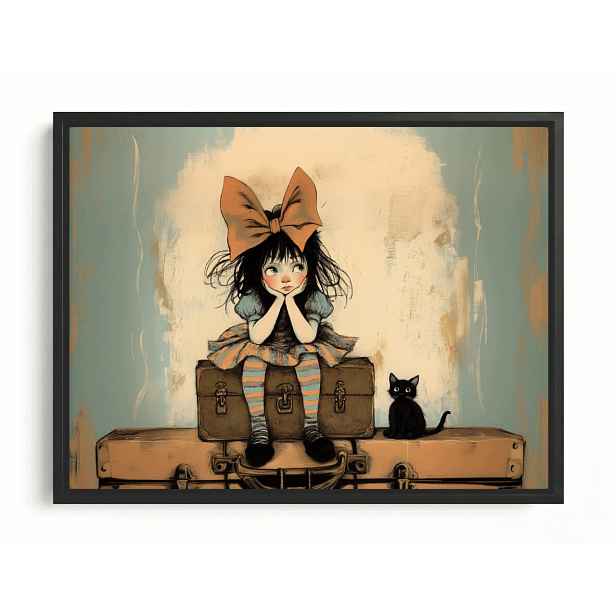 Obraz Rám Americký Box Dívka Černá Kočka Kufry Retro Foch 80x60