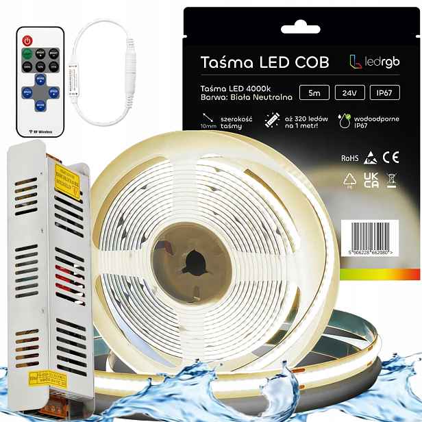 Sada Led pásků Cob 24V 5 m 4000K Bílá Neutrální Napájecí Zdroj Dálkový Ovladač IP67 Vodo