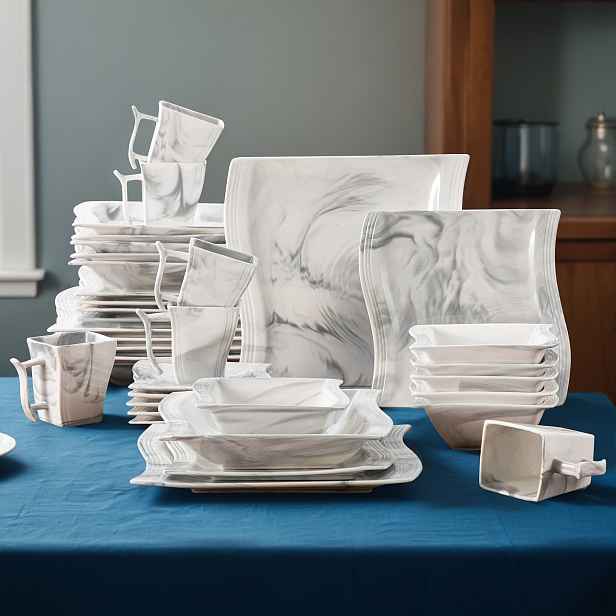 TEMU 36dílná sada jídelní nádobí z porcelánu v mramorově šedé barvě, obsahuje talíř na jídlo, talíř na dezert, talíř na polévku, na cereálie, šálek a