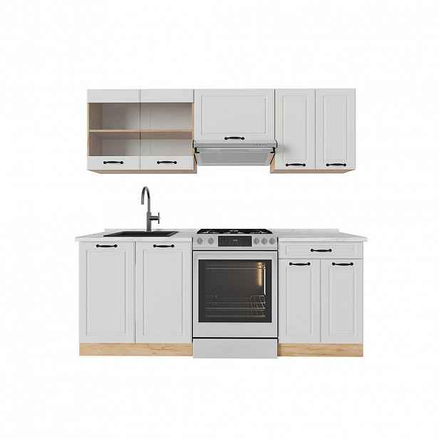 Vicco KUCHYŇSKÝ KOUT R-Line Bílý venkovský dům/zlatý dub 200 cm , PD Mramor