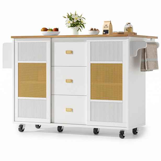 OKWISH KUCHYŇSKÝ ostrůvek 146,85/70/90 cm bílý z MDF a kovu s výklopnou deskou a kolečky
