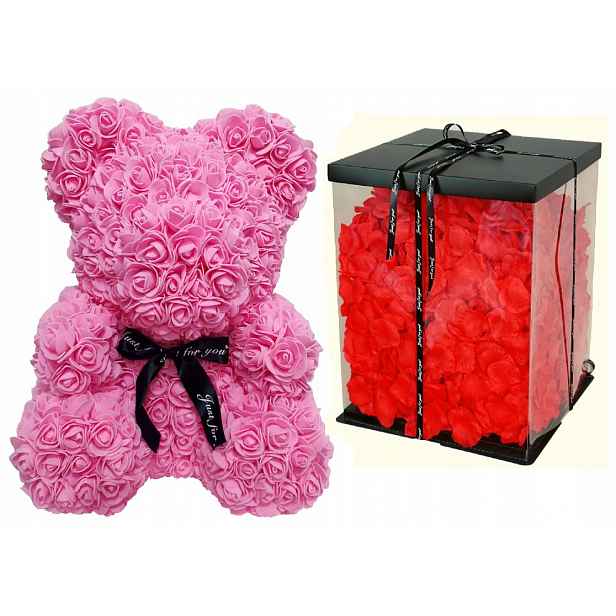 Pink Rose Bear 40 cm medvídek z růží Krabička Výplň