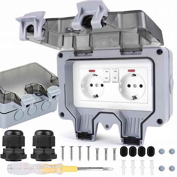Dvojitá Venkovní Elektrická Zahradní Zásuvka Vodotěsná IP66 230V