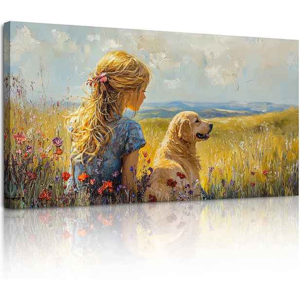 obraz na plátně Krajina Dívka se psem Nástěnná Dekorace 50 x 100 cm