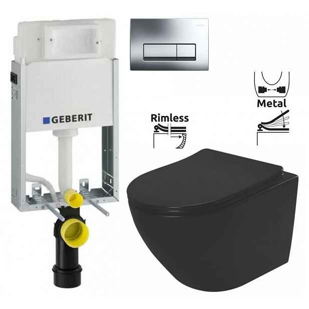 GEBERIT KOMBIFIXBasic vč. chromového tlačítka DELTA 51 + WC REA CARLO MINI RIMLESS ČIERNY MAT + SEDADLO 110.100.00.1 51CR MM1