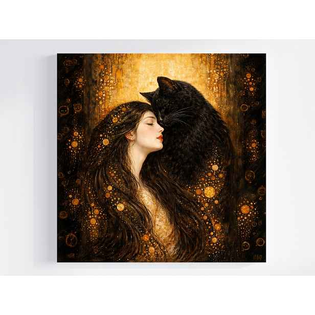 Obraz Na Plátně Canvas Portrét Žena Černá Kočka Gustav Klimt Styl 50x50