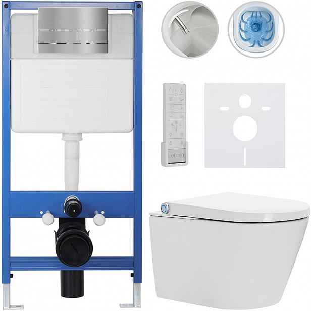 Kompletní WC set Profi/Cronus Premium - bílá lesklá - WC tlačítko Line/Nerez - předstěnová instalace - 59,3x38,4 cm