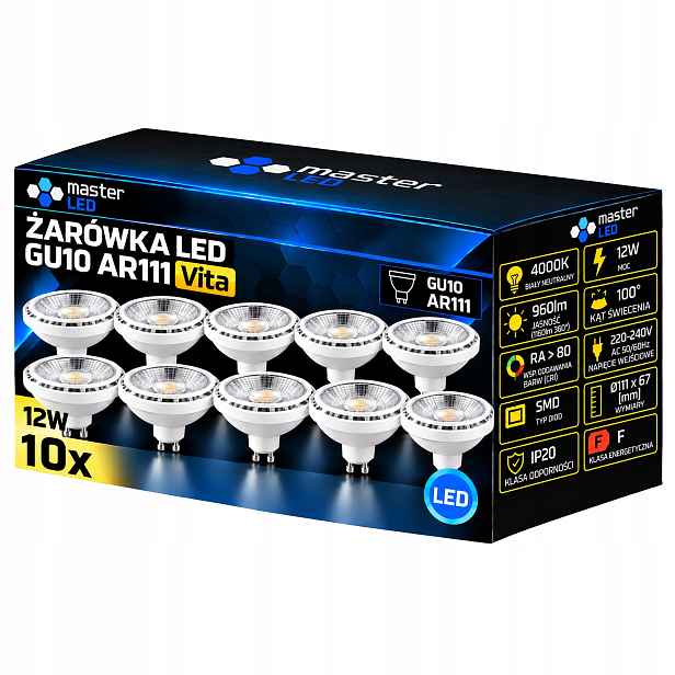 10x Led žárovka GU10 neutrální AR111 12W 4000K Cob 230V halogenová bílá