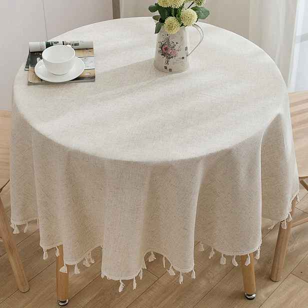 Ubrus Kulatý 150 CM Béžový Bavlna Len Třásně Elegantní Glamour Styl