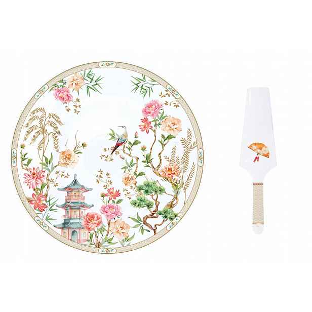Porcelánová Patrový Podnos Na Zákusky s lopatkou Talíř 30 cm letní vzor květiny pták