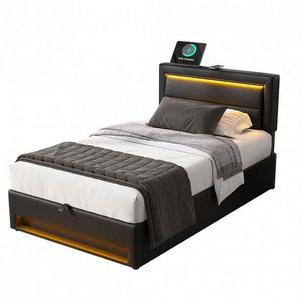Modfu ČALOUNĚNÁ postel z PU 90x190 cm černá s LED osvětlením, USB nabíjením a úložným prostorem