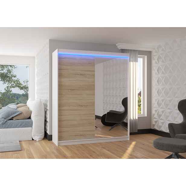 Šatní skříň se zrcadlem a LED osvětlením 180 cm QUINA - bílá / dub sonoma