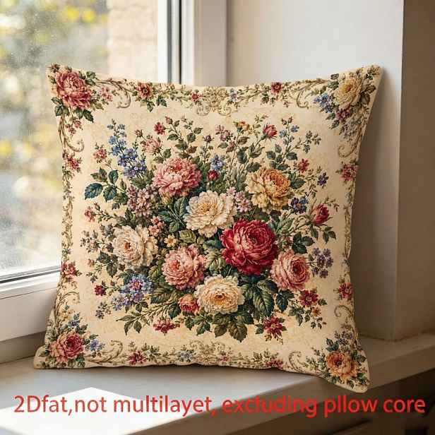 TEMU 2D květinový potisk, 1 ks oboustranná povlak na polštář, 45X45 cm, ozdobný zlatý okraj, krémové pozadí, pivoněk a smíšených květin, vhodné do
