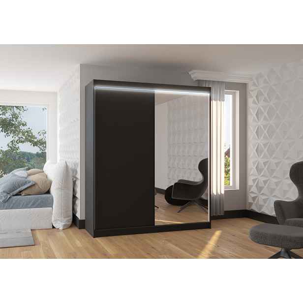Šatní skříň se zrcadlem a LED osvětlením 180 cm QUINA - černá