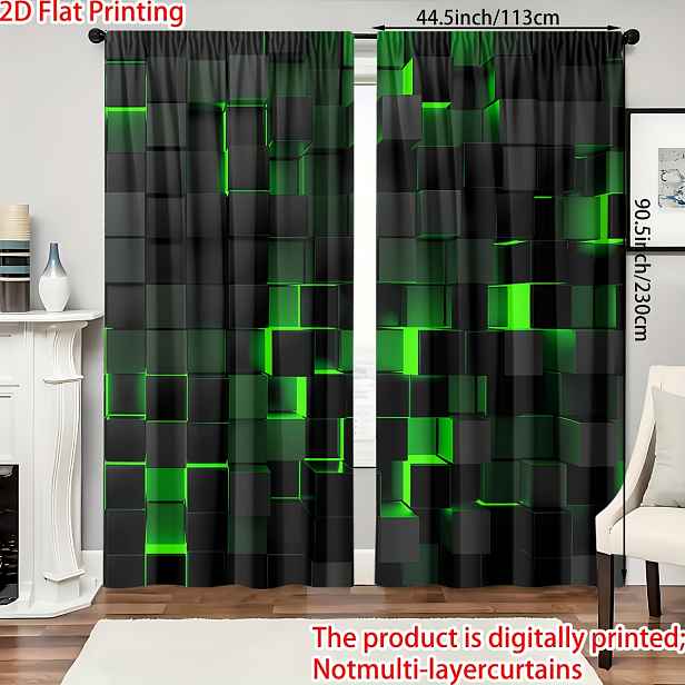 TEMU 2D ploché, 2 panely, 2D plochý tisk, polyesterový materiál, kostkovaný dekorativní motiv, vysokorozlišovací digitální zelená série abstraktní