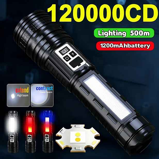 TEMU Multifunkční LED svítilna, USB dobíjecí, 7 světelných režimů, Dálkové taktické světlo, Pevná a odolná, Vysoce výkonná svítilna, Dlouhotrvající
