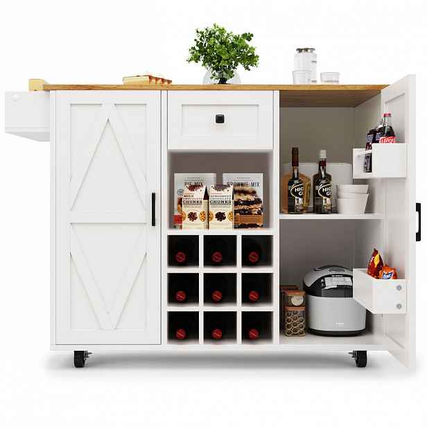 OKWISH KUCHYŇSKÝ ostrůvek 137,5/40/95,6 cm bílý z MDF s rozkládací deskou a úložným prostorem