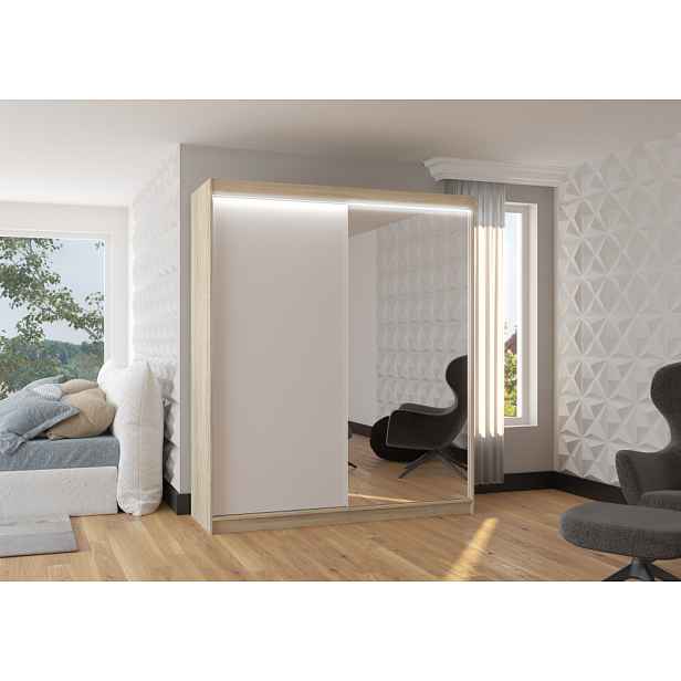Šatní skříň se zrcadlem a LED osvětlením 180 cm QUINA - dub sonoma / bílá