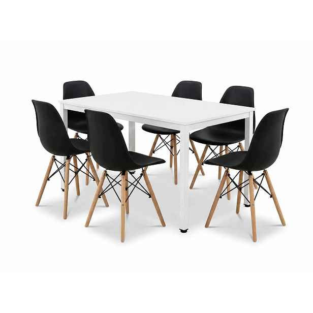 Jídelní set: Stůl 120x60 cm v loftovém stylu (bílý) a 6 skandinávských židlí (černé)